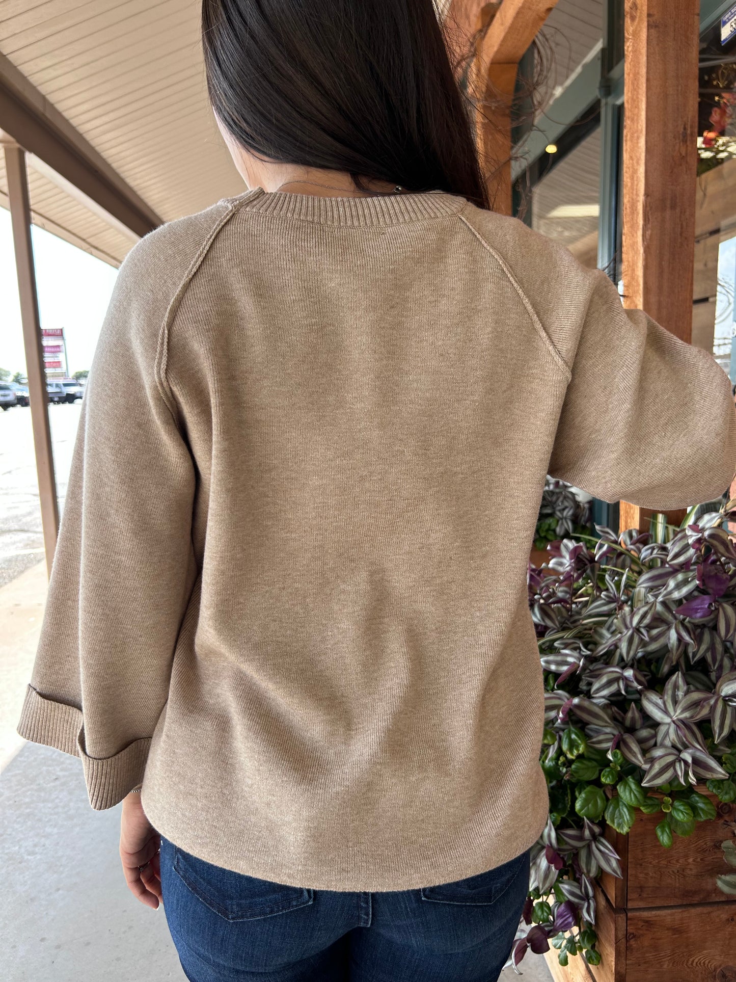 Crewneck Pullover Sweater Knit Top (Beige or Hunter Green)