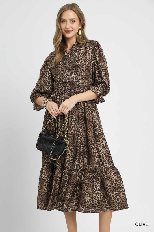 Leopard Print Smocked Midi Dress with Ruffle Cuffs
