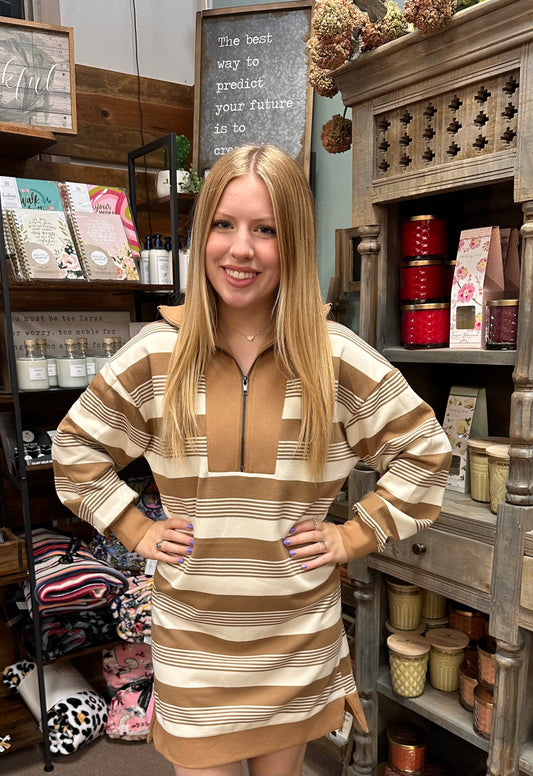 Latte Striped Half Zip Dress