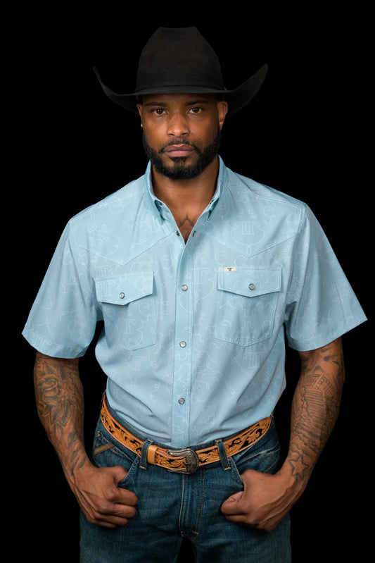 Ferrell Brand THE CARSON IN GREY GREEN - SHORT SLEEVE PEARL SNAP SHIRT