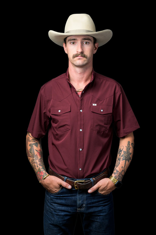 FERRELL BRAND MEN'S MAROON SHORT SLEEVE SNAP SHIRT