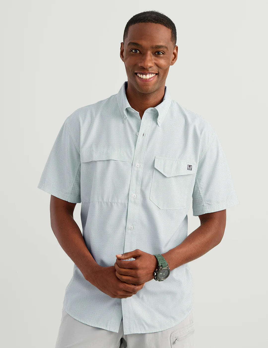 Huk TIDE POINT SHORT SLEEVE BUTTON-DOWN in Heron Blue Mini Check