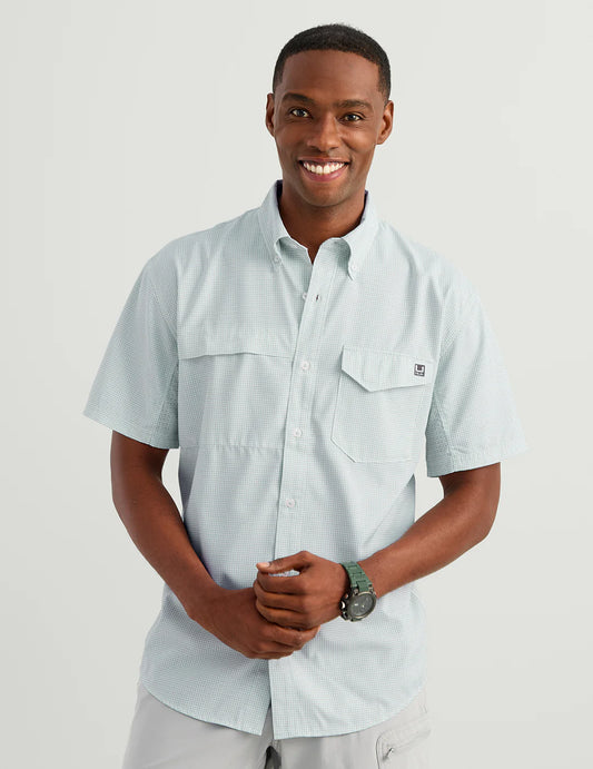 Huk TIDE POINT SHORT SLEEVE BUTTON-DOWN in Heron Blue Mini Check
