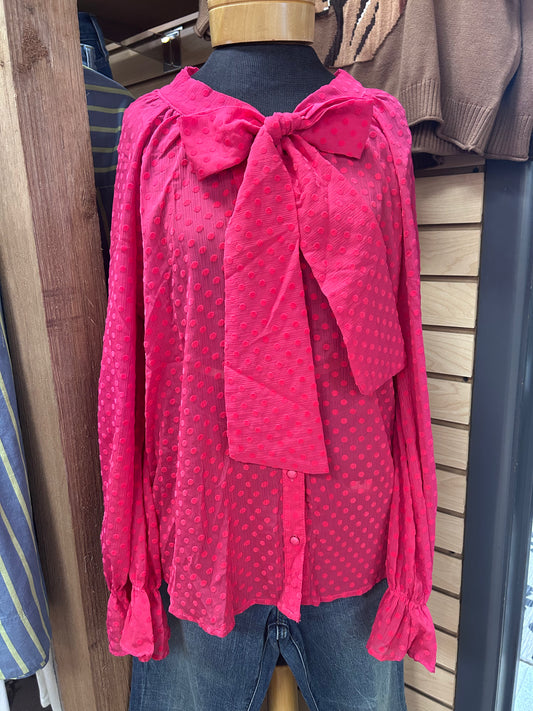 TRIBAL Chiffon Swiss Dot Bow Tie Neck Blouse