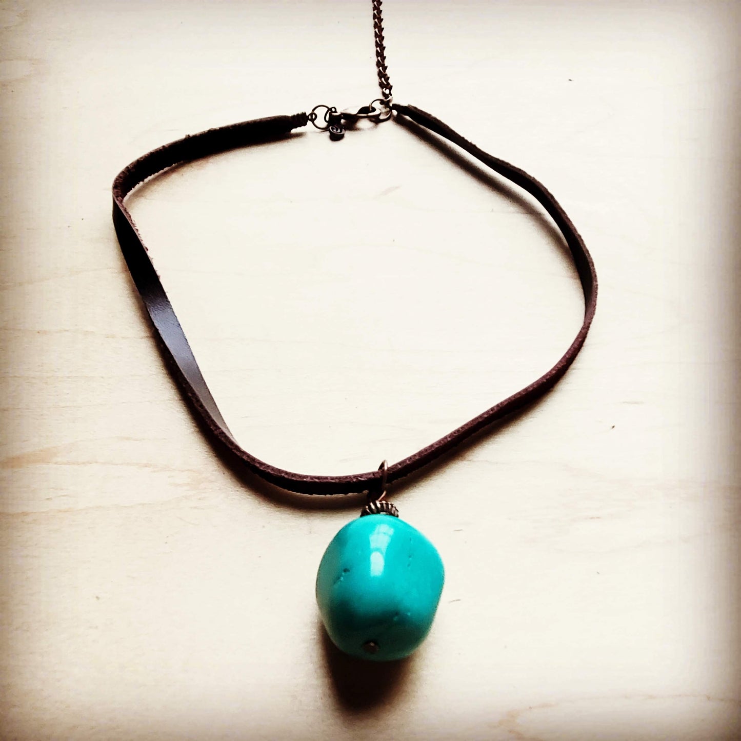 Vegan Leather Choker with Genuine Natural Turquoise Accent 242z