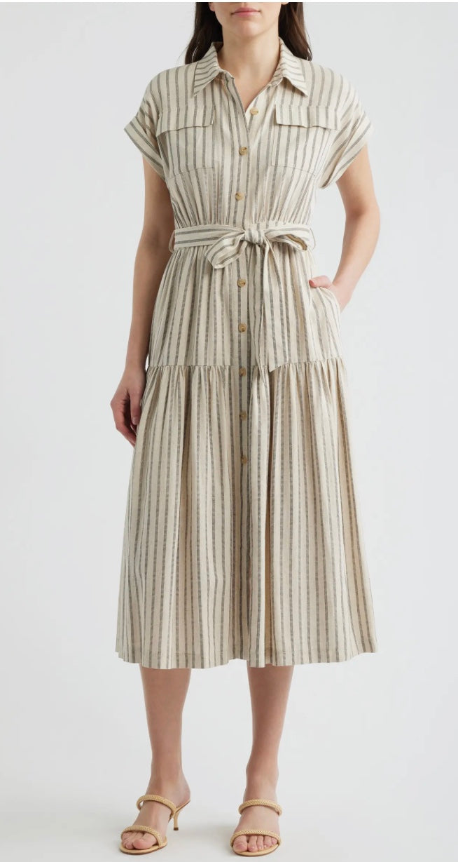 Stripe Belted Linen Midi Shirtdress
