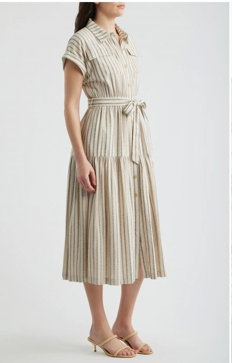 Stripe Belted Linen Midi Shirtdress