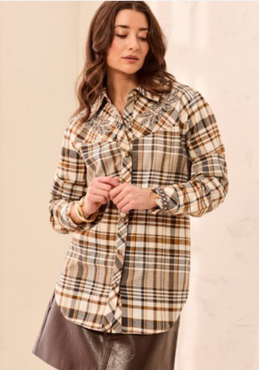 TRIBAL Embroidered Plaid Flannel Shirt
