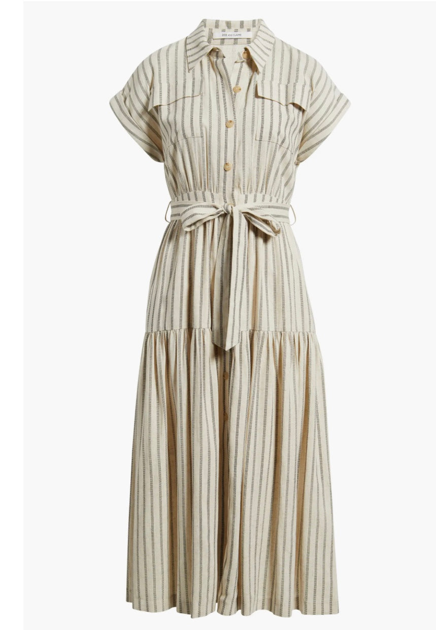 Stripe Belted Linen Midi Shirtdress