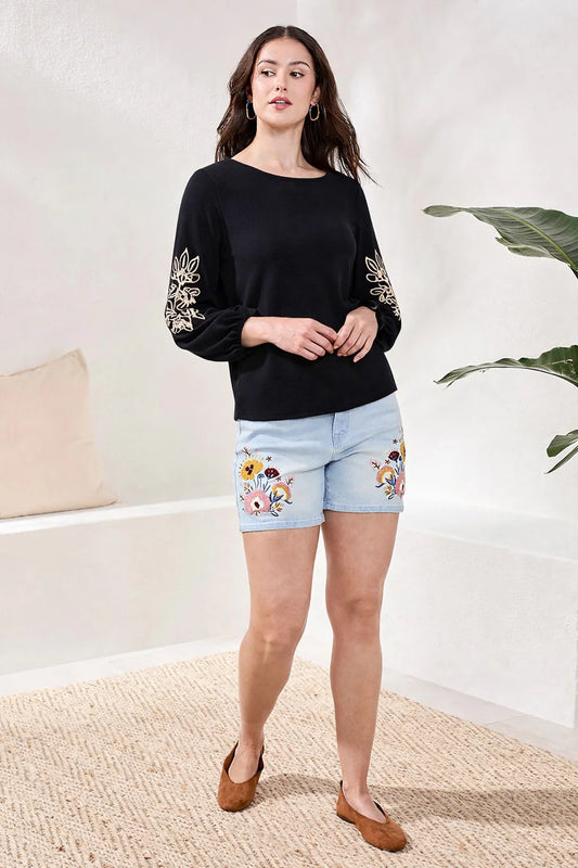 TRIBAL SOUTACHE EMBROIDERED BOAT NECK 3/4 PUFF SLEEVE TOP