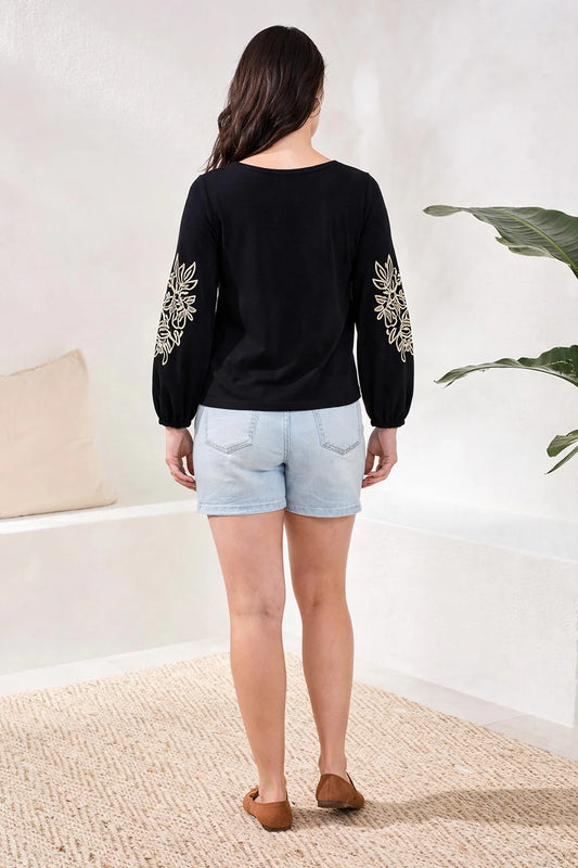 TRIBAL SOUTACHE EMBROIDERED BOAT NECK 3/4 PUFF SLEEVE TOP