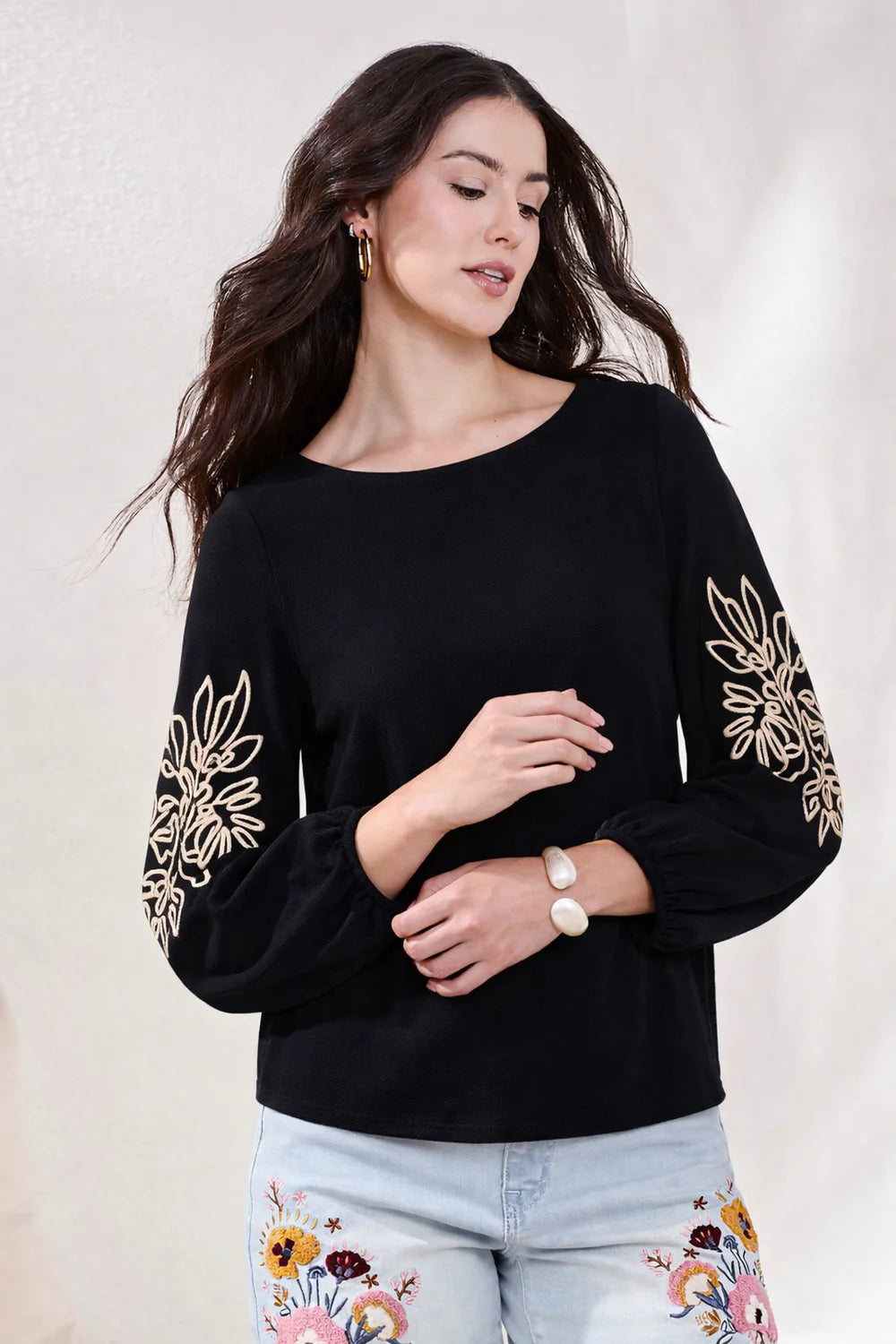 TRIBAL SOUTACHE EMBROIDERED BOAT NECK 3/4 PUFF SLEEVE TOP
