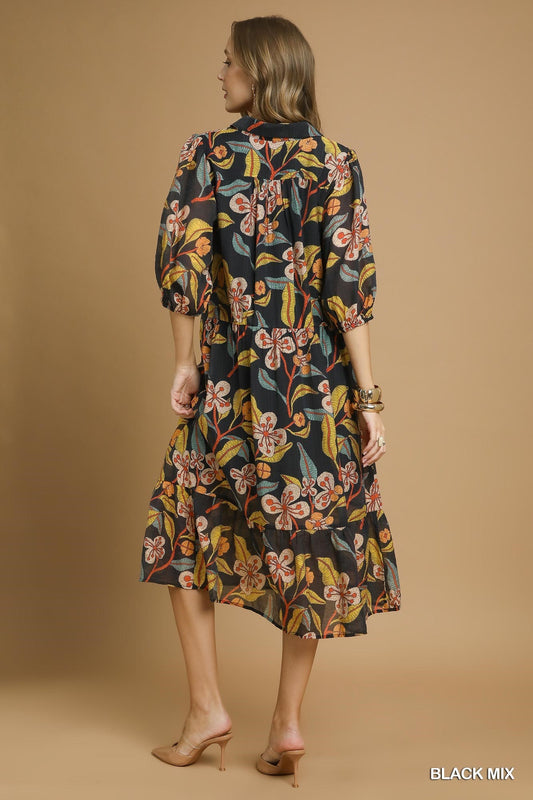 Mixed Floral Print Tiered Midi Dress