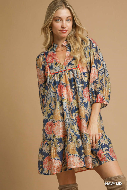 Abstract Print Puff Sleeve Dress