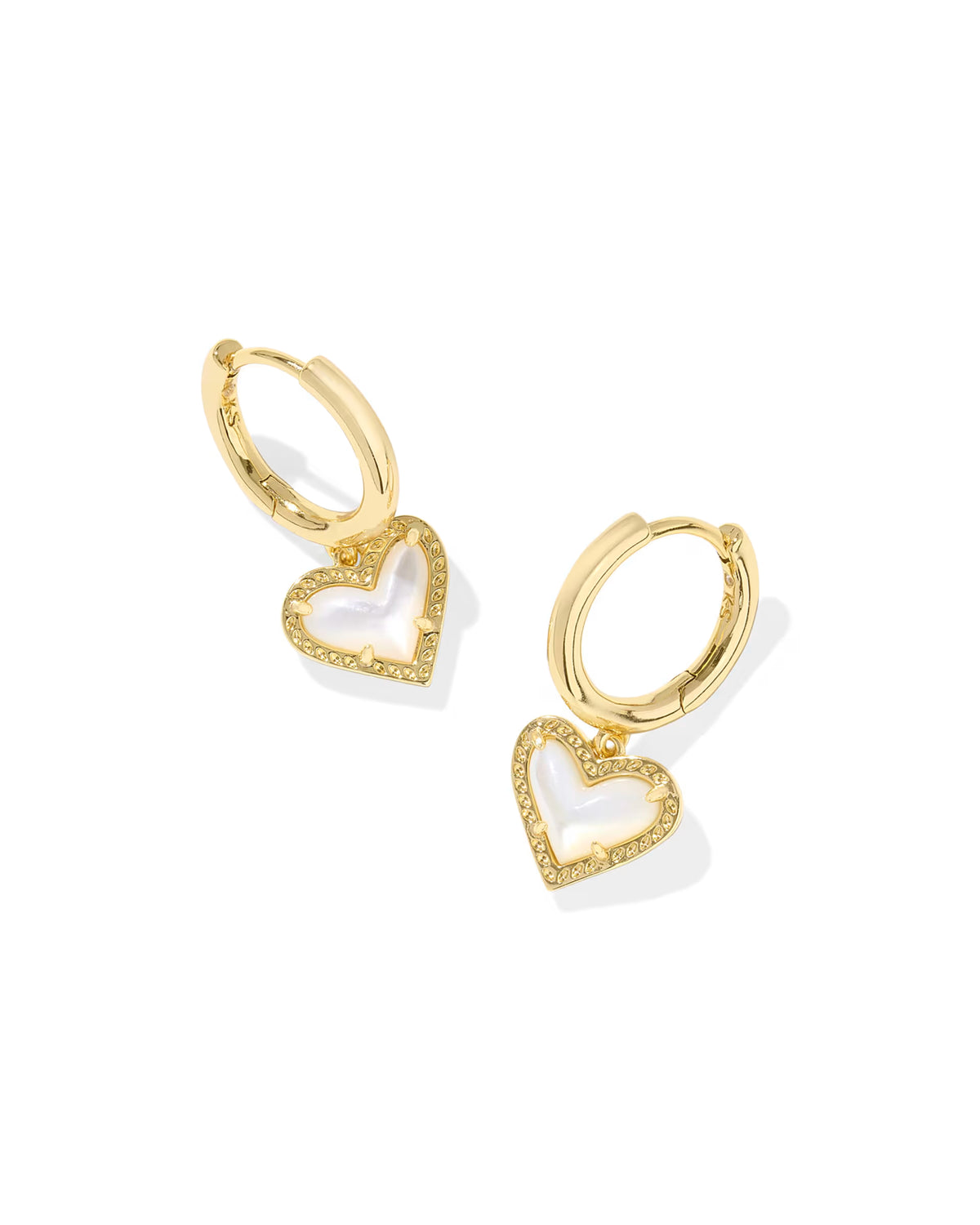 Kendra Scott Ari Heart Gold Huggie Earrings in Ivory Mother-of-Pearl