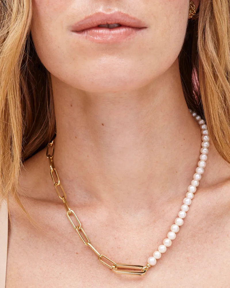 Kendra Scott Ashton Gold Half Chain Necklace in White Pearl (Gold or Silver)