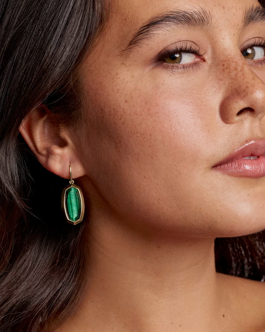Kendra Scott Dani Bezel Gold Drop Earrings Green Tiger's Eye