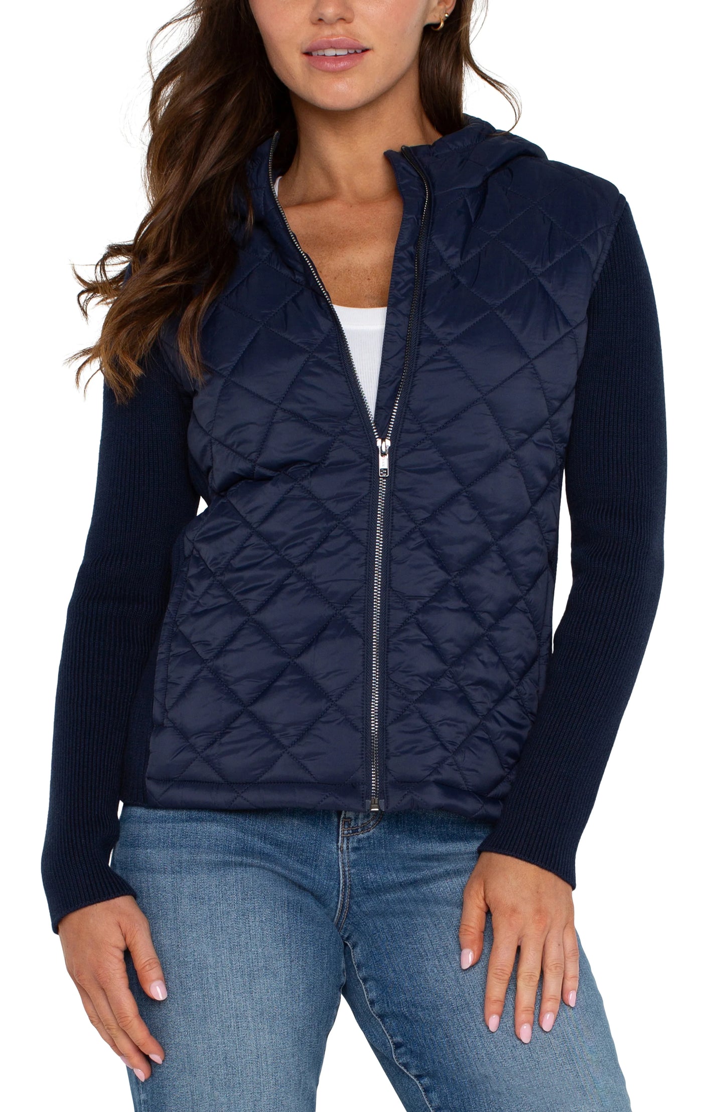 LIVERPOOL- QUILTED FRONT FULL ZIP HOODED SWEATER