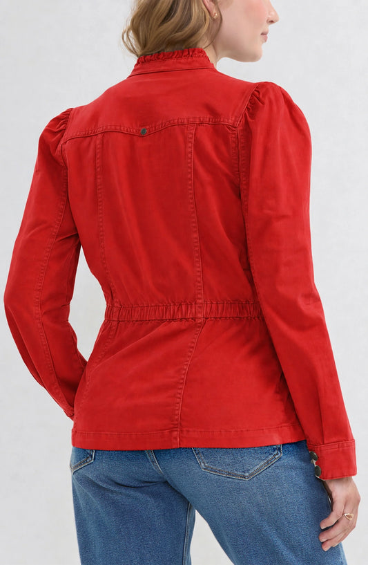 Liverpool Puff Sleeve Trucker Jacket W/ Ruffle Collar - Sundance red