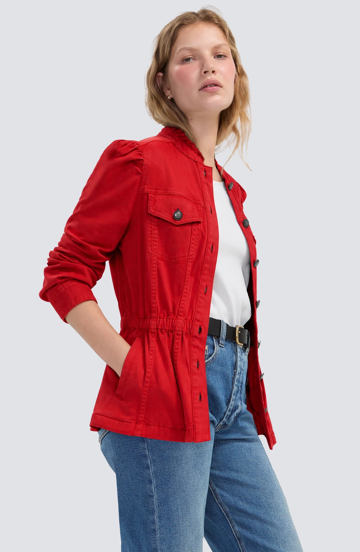 Liverpool Puff Sleeve Trucker Jacket W/ Ruffle Collar - Sundance red