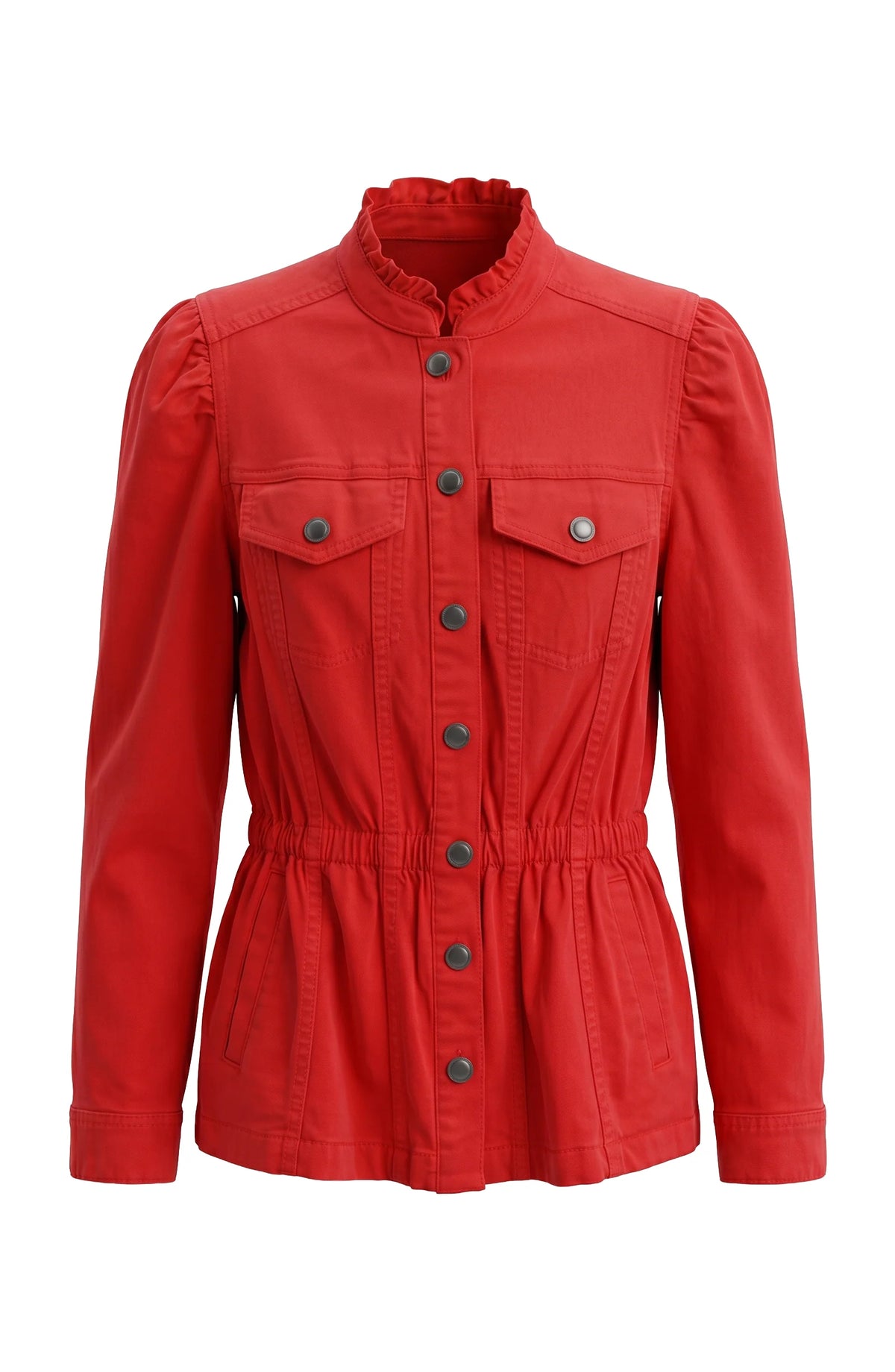 Liverpool Puff Sleeve Trucker Jacket W/ Ruffle Collar - Sundance red