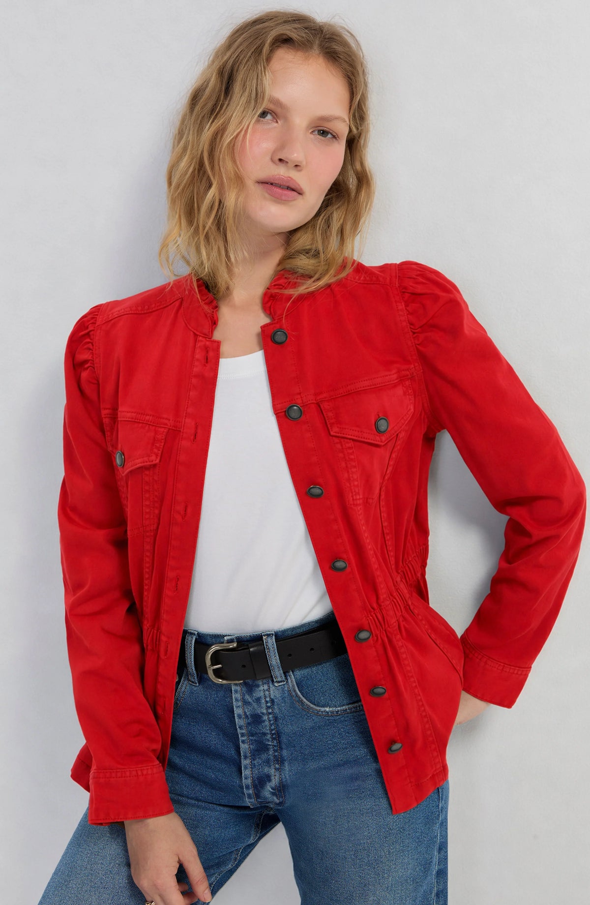 Liverpool Puff Sleeve Trucker Jacket W/ Ruffle Collar - Sundance red