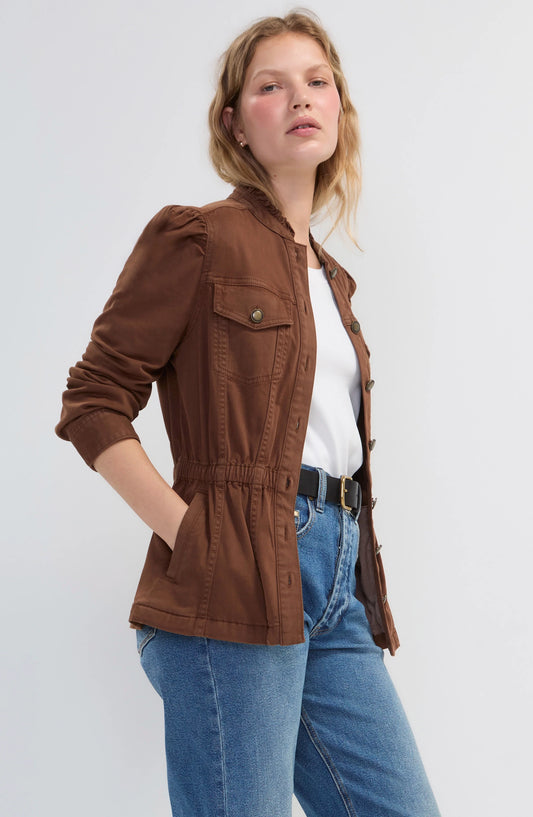 Liverpool Puff Sleeve Trucker Jacket W/ Ruffle Collar - Carob brown