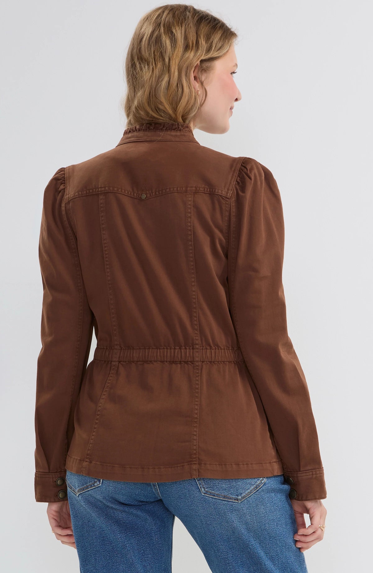 Liverpool Puff Sleeve Trucker Jacket W/ Ruffle Collar - Carob brown