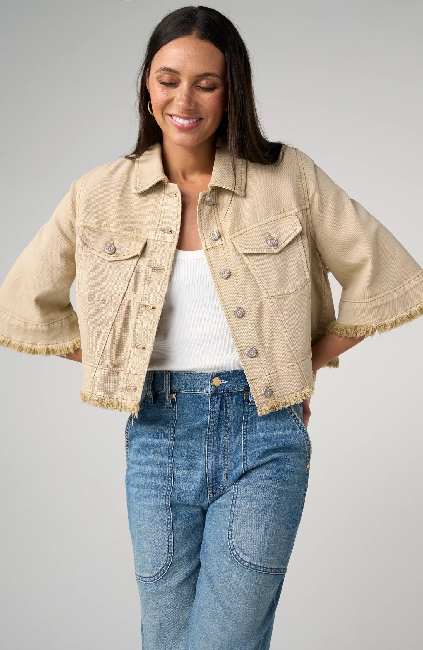 Liverpool 3/4 Sleeve Frayed Flounce Jacket