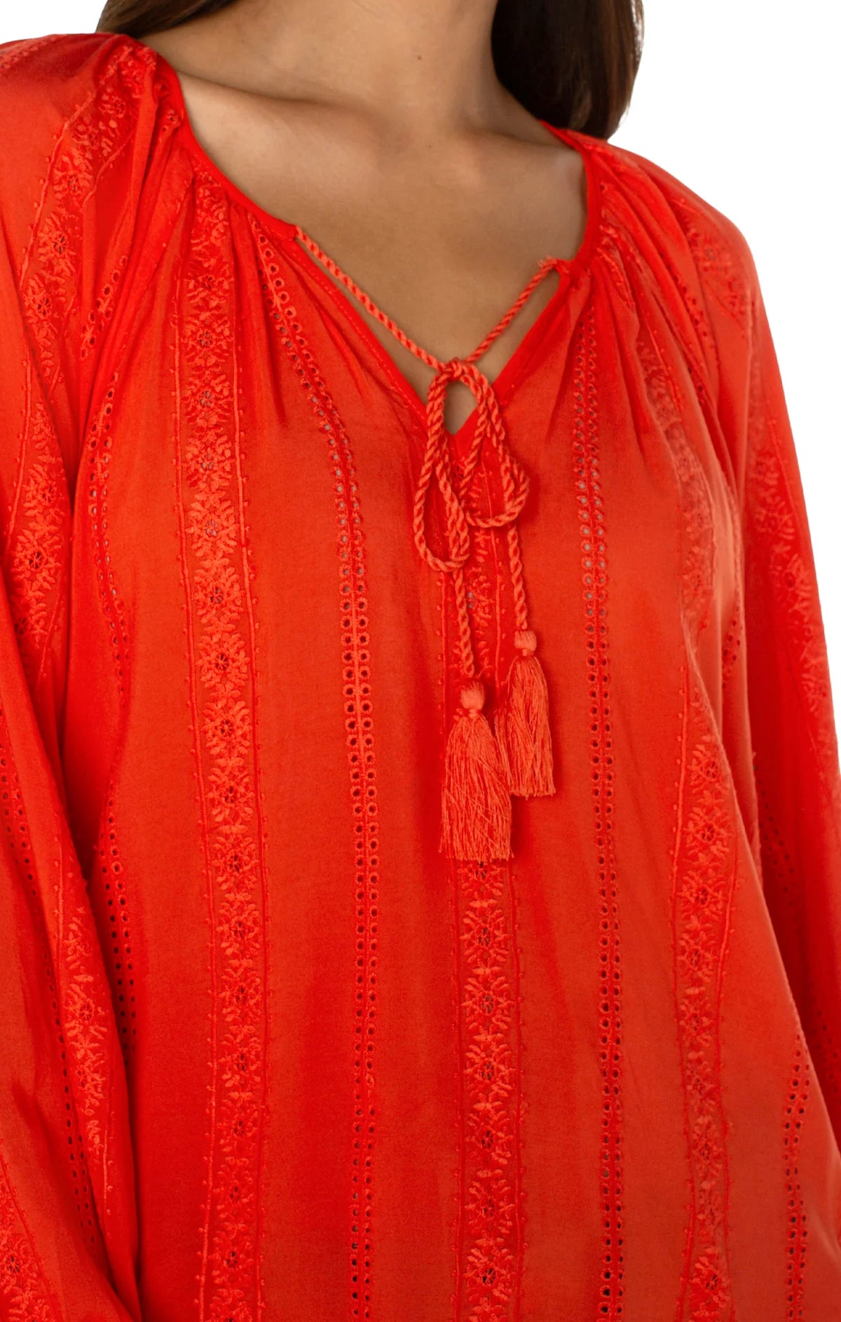 Liverpool EMBROIDERED SHIRRED BLOUSE WITH NECK TIES