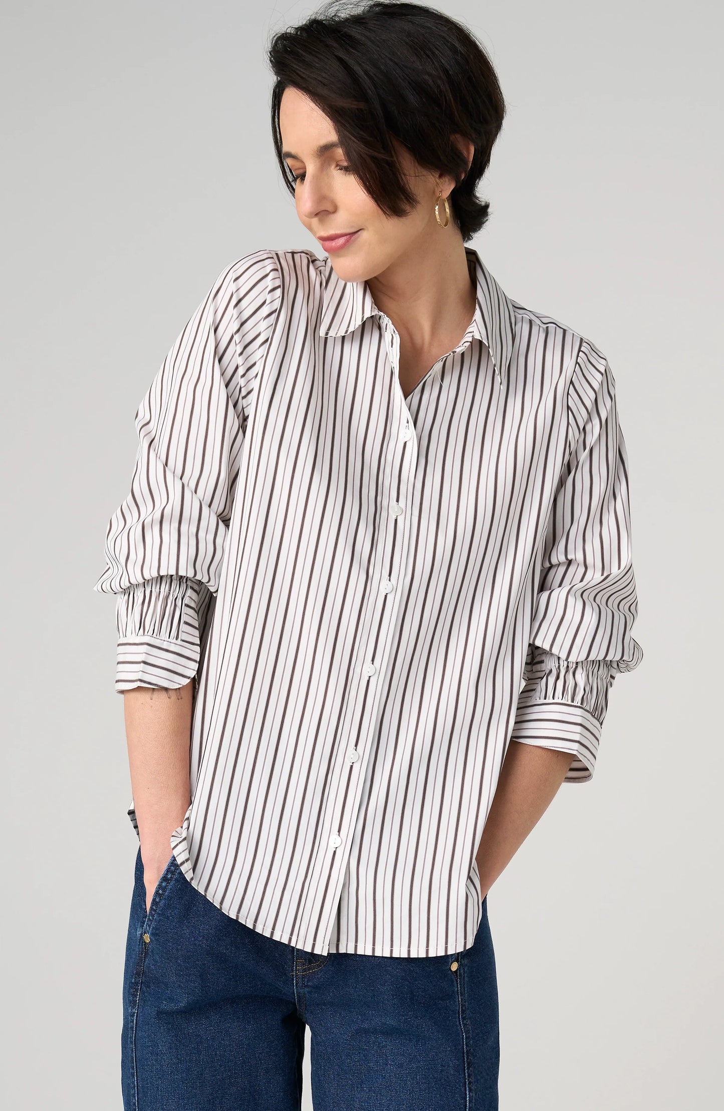 Liverpool Adjustable Sleeve Button Front Woven Top - Cream dark espresso