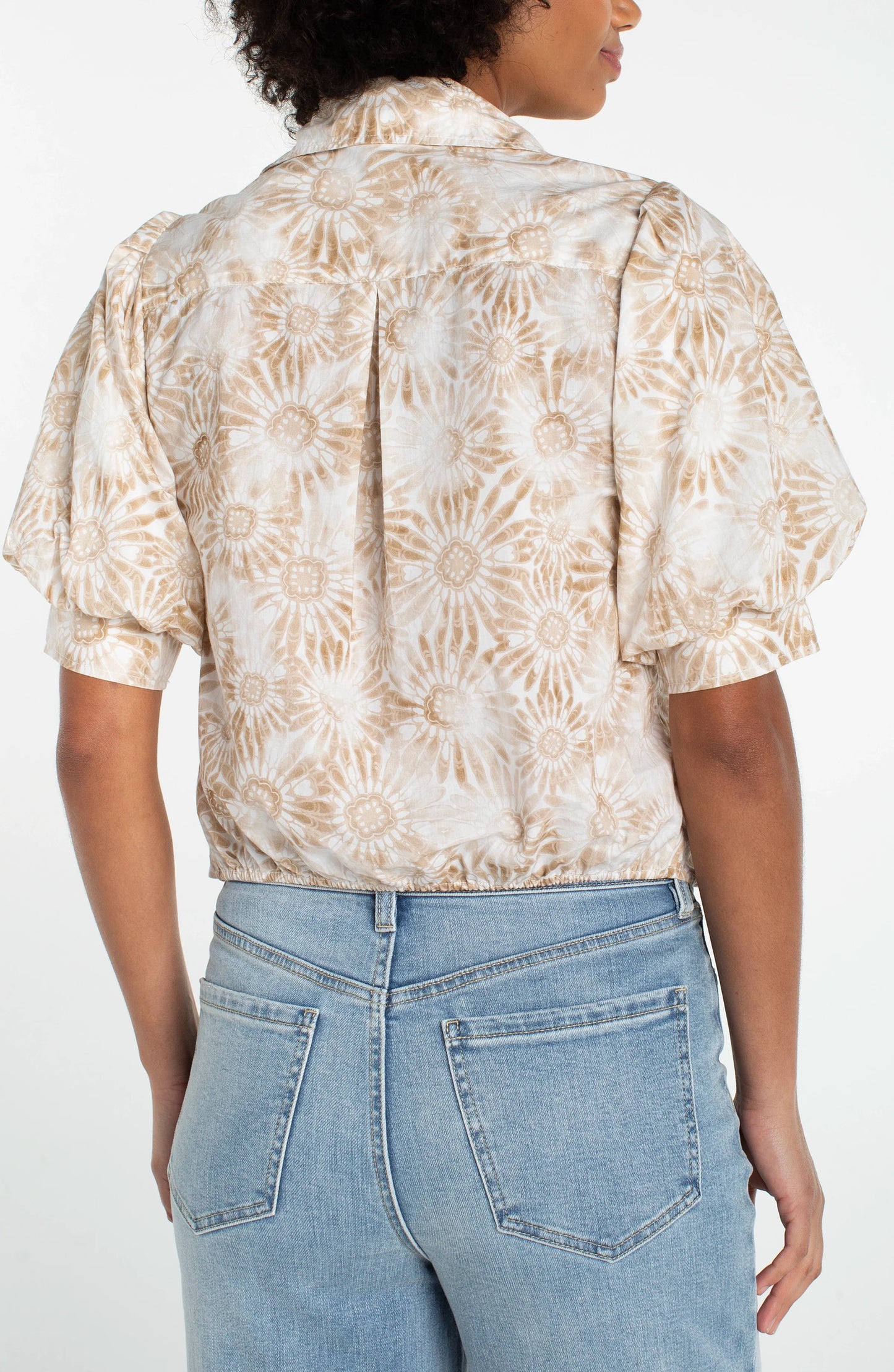 Liverpool Puff Sleeve Button Front Woven Top W/ Twist