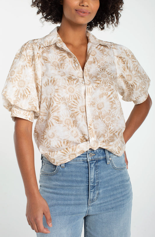 Liverpool Puff Sleeve Button Front Woven Top W/ Twist