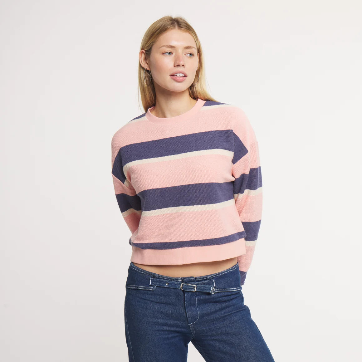 Southern Marsh Sunday Morning Sweater - Camelia & Navy Stripe