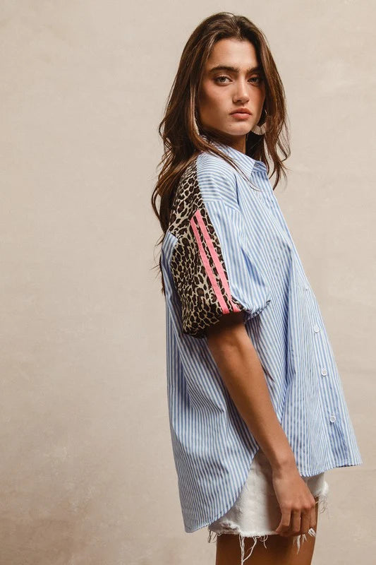 Stripe Pattern Shirt with Leopard Top