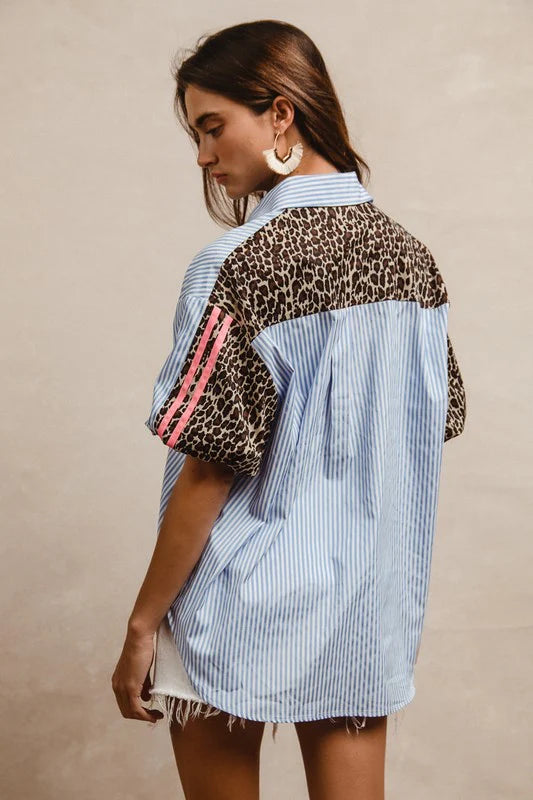 Stripe Pattern Shirt with Leopard Top