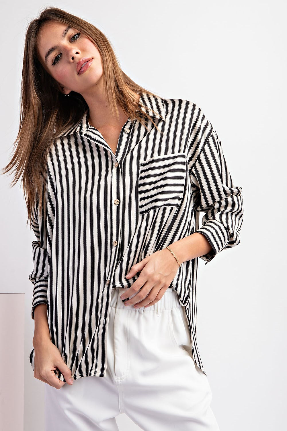 Satin Striped Button Down Top