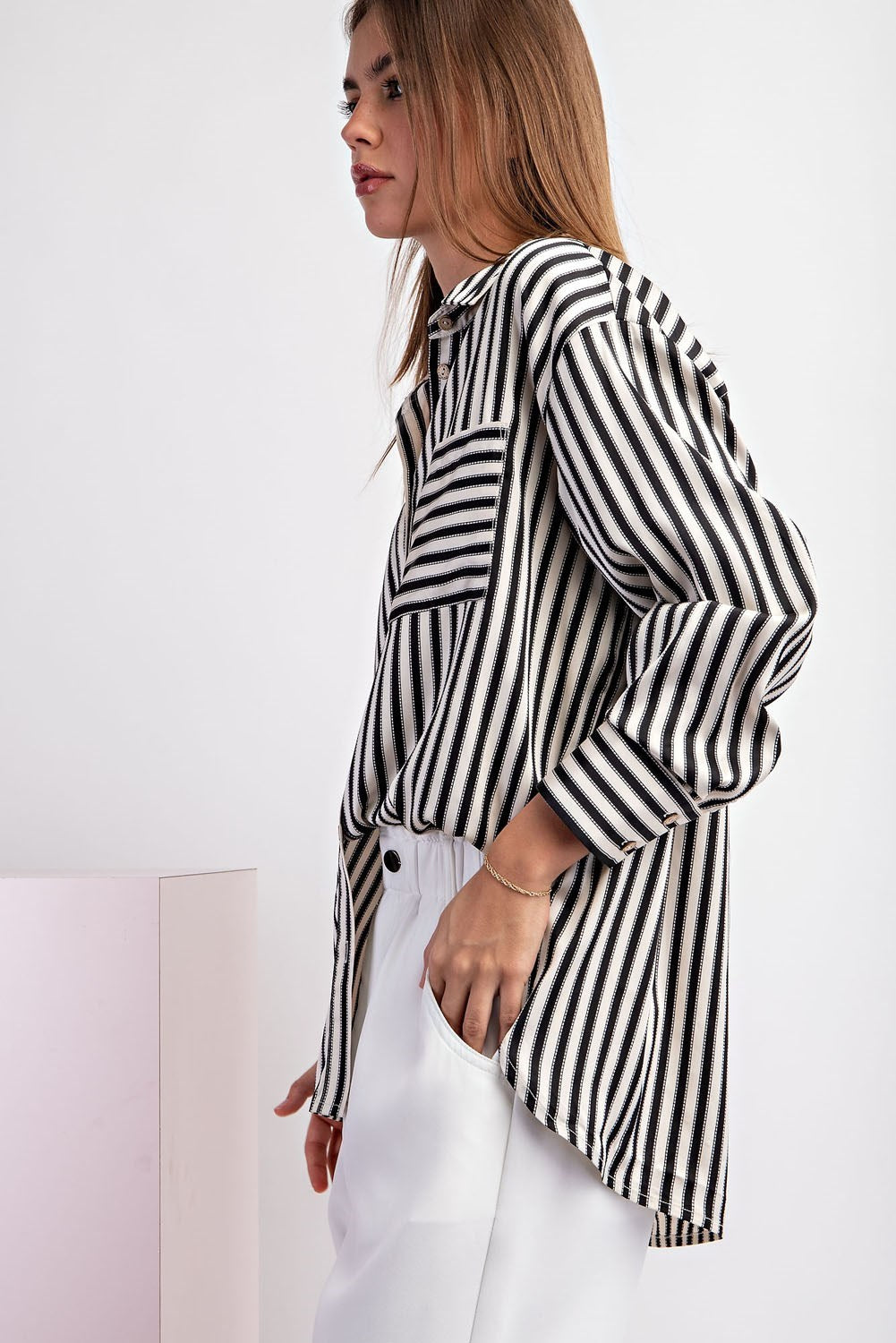 Satin Striped Button Down Top