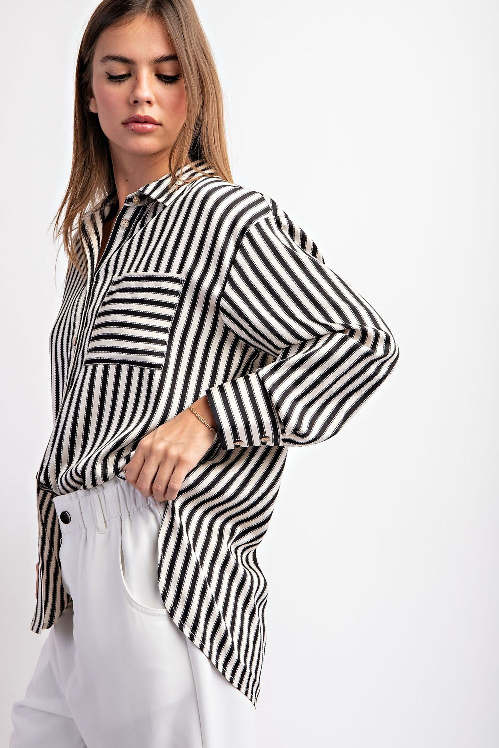 Satin Striped Button Down Top