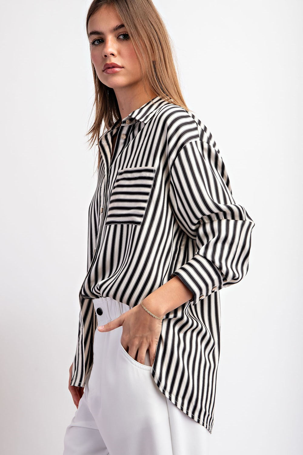 Satin Striped Button Down Top