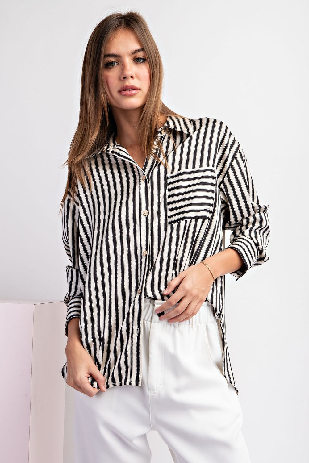 Satin Striped Button Down Top