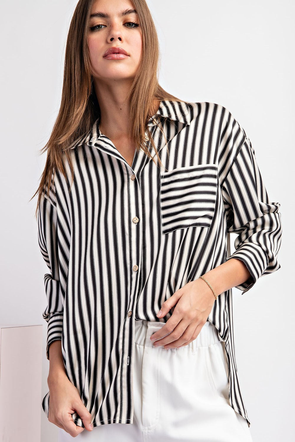 Satin Striped Button Down Top