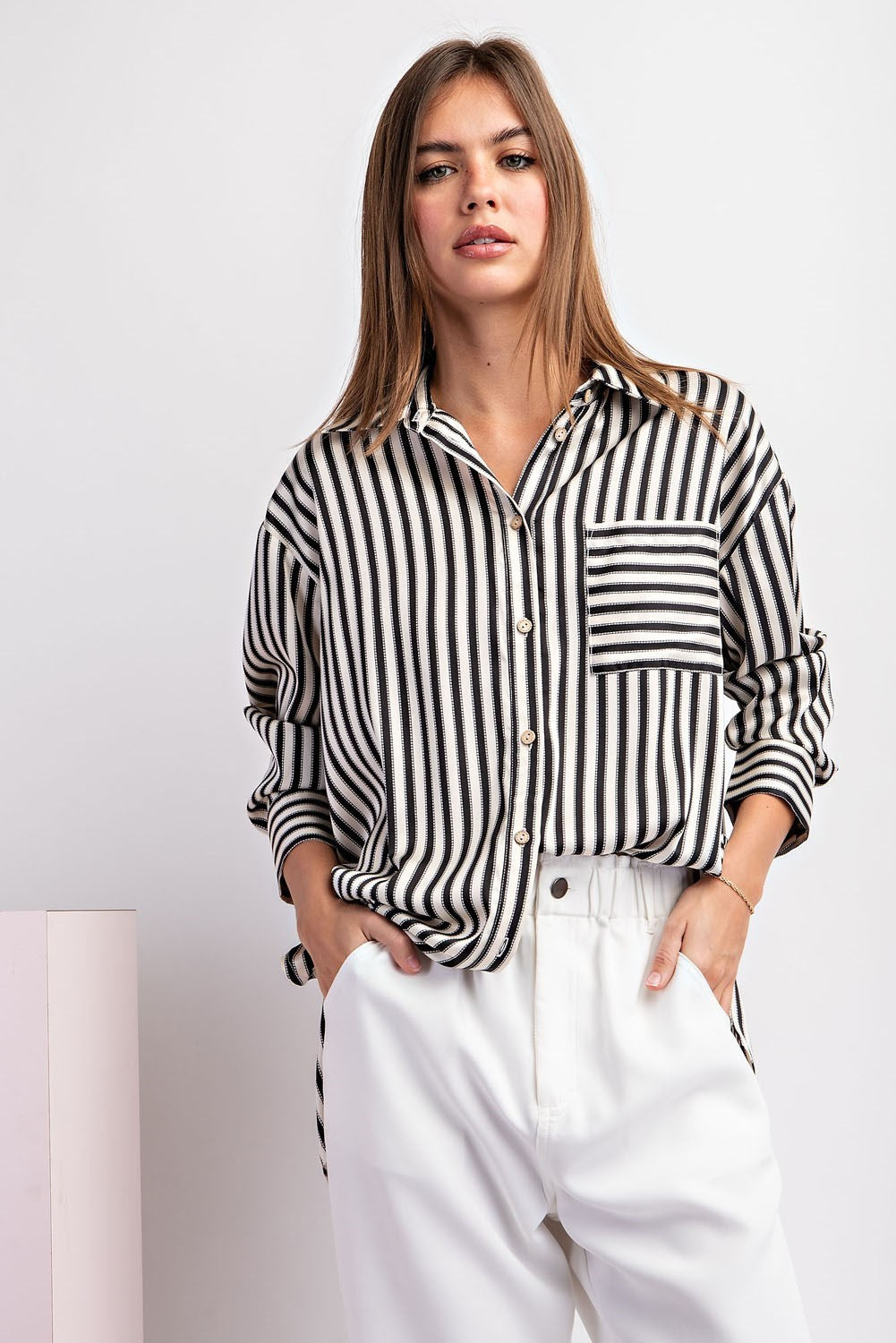 Satin Striped Button Down Top