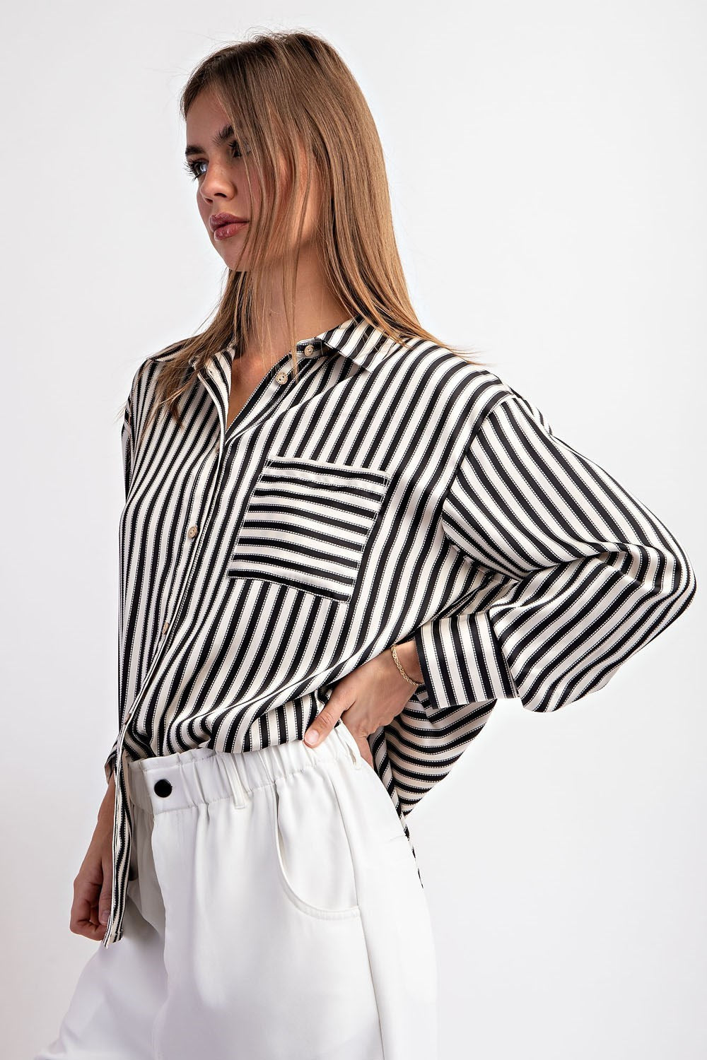 Satin Striped Button Down Top