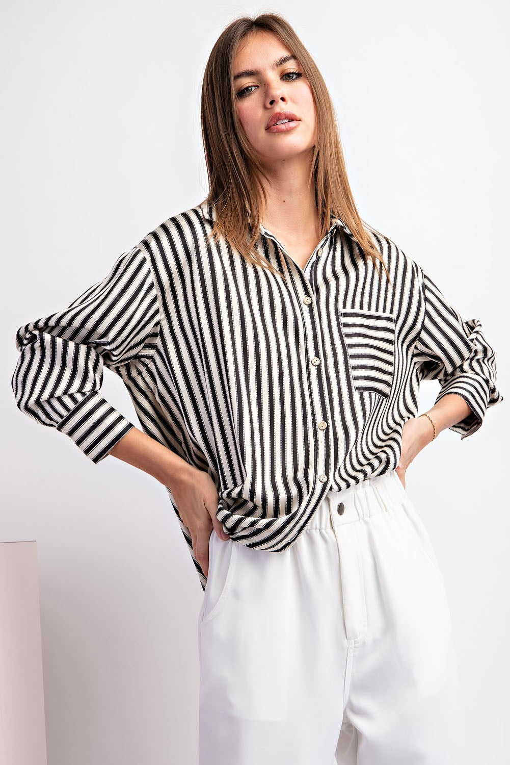 Satin Striped Button Down Top