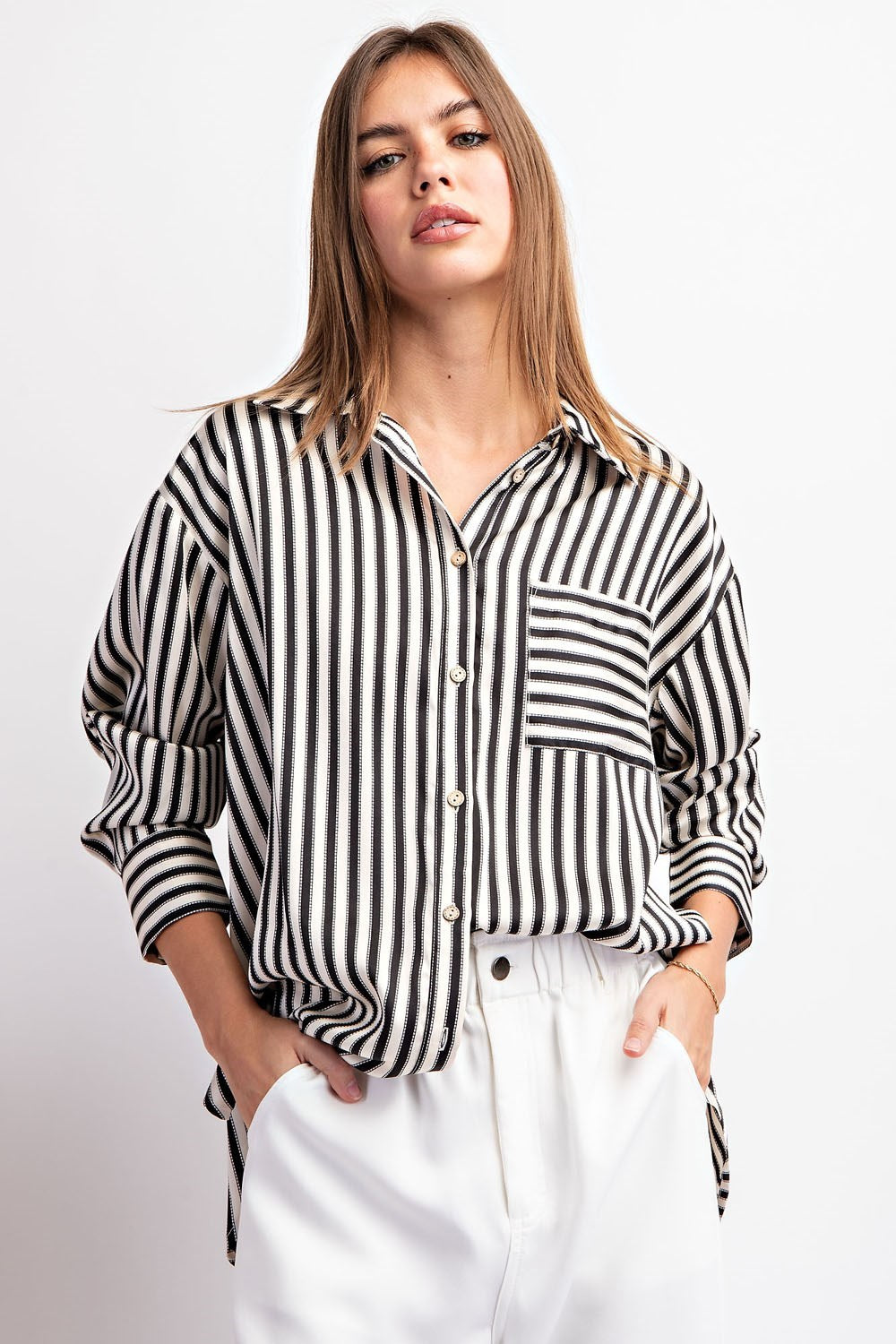 Satin Striped Button Down Top