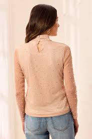 TRIBAL Pearl Embellished Mesh Mock Neck Top