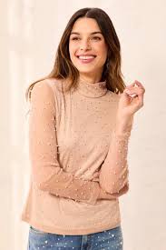 TRIBAL Pearl Embellished Mesh Mock Neck Top
