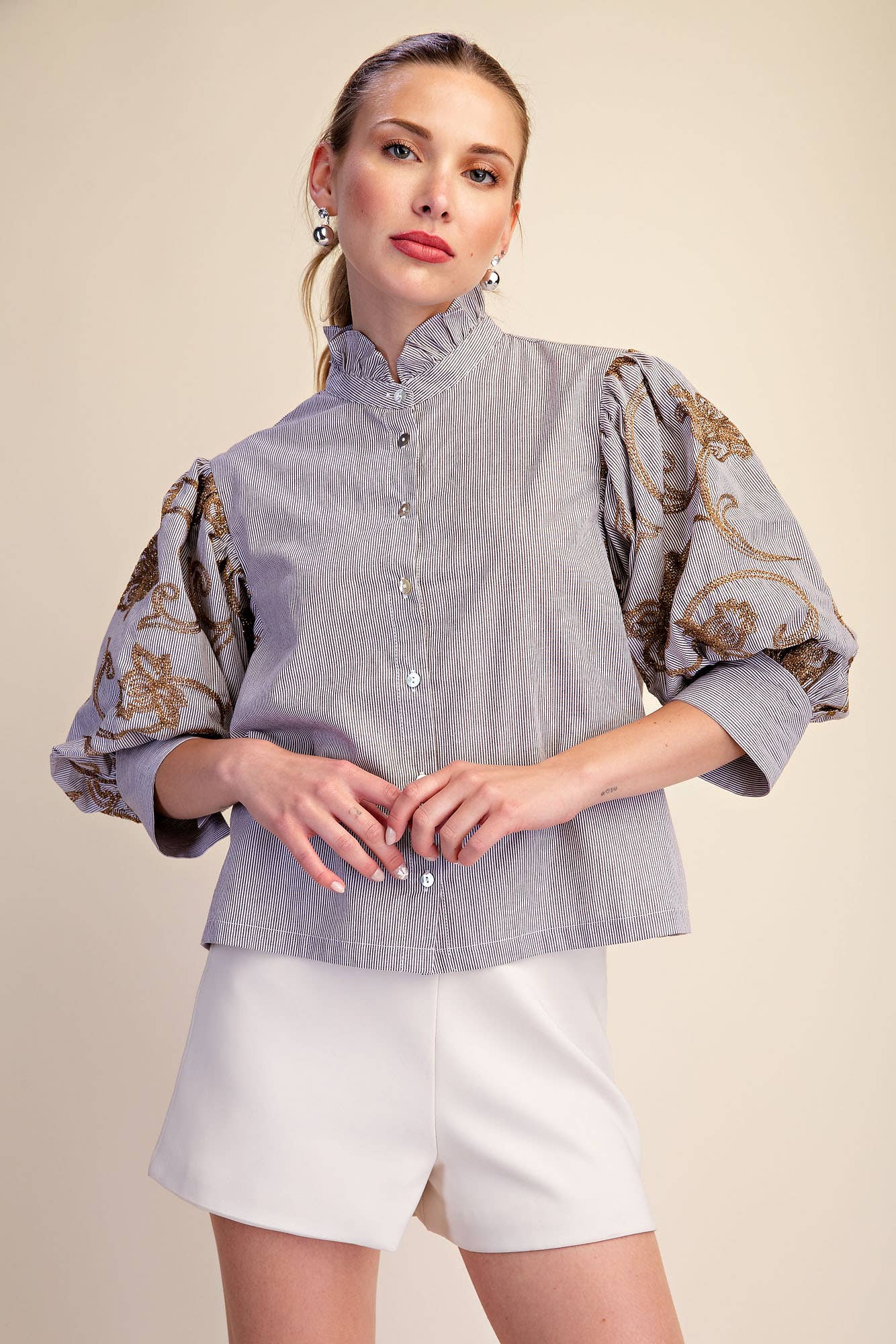 Ruffle Neck Embroidery Puff Sleeve Blouse
