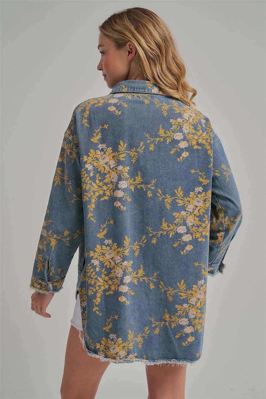 FLORAL DENIM RELAXED SHIRT TOP WITH POCKETS